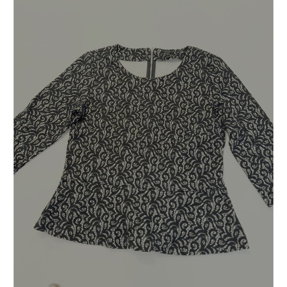 J. Crew Tops - J Crew Size Medium Black & White Lacey Blouse 3/4 Sleeves Waisted Zipper Back